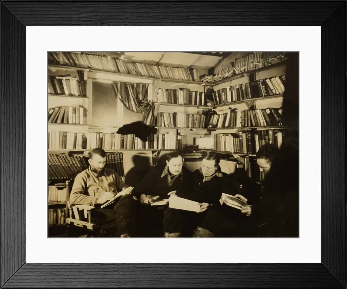 Framed Print : Men reading in Byrds First Antarctic Expedition basecamp library, at Little America, Antarctica. 1928-1930 (BSLOC_2018_2_37) Framed Print : Men reading in Byrds First Antarctic Expedition basecamp library, at Little America, Antarctica. 1928-1930 (BSLOC_2018_2_37)