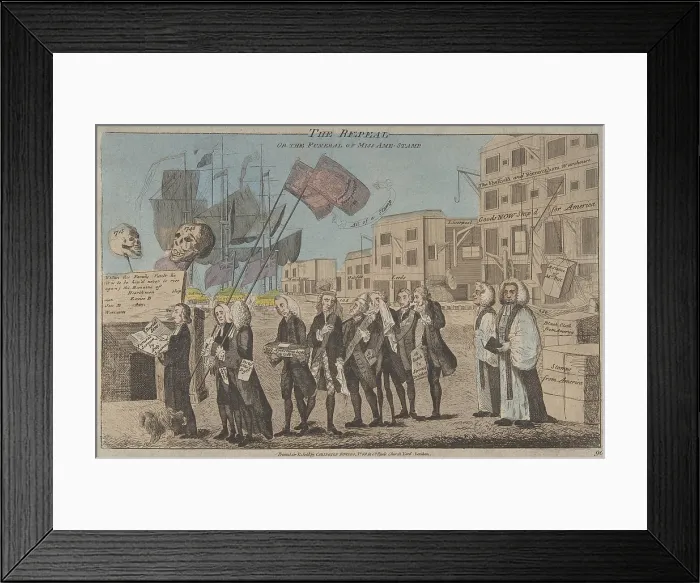 Framed Print : British cartoon, The Repeal, or the Funeral Procession of Miss America Stamp, 1766