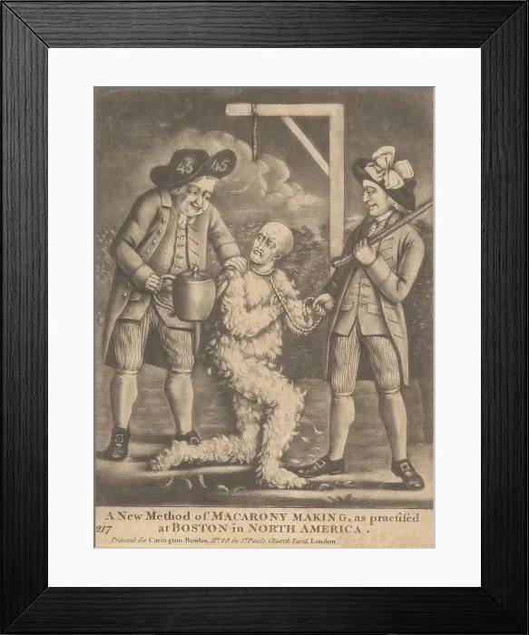 Framed Print : A New Method of Maracrony Making as Practised at Boston in North America. John Malcolm, a Tory excise man, collected the British tea tax in Boston in 1774