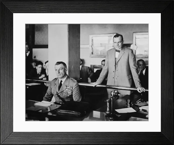 Framed Print : Colonel Billy Mitchell at his 1925 court-marshal with his attorney, Rep. Frank R. Reid (standing)