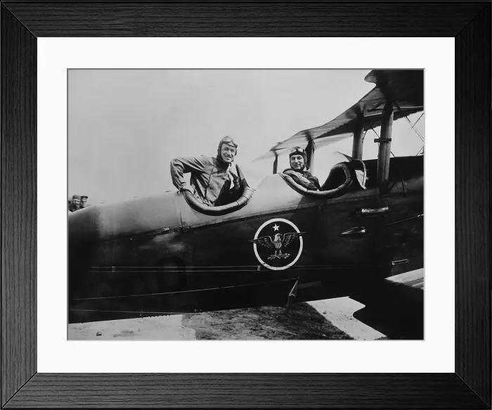 Framed Print : Humorist Will Rogers takes a backseat to Gen. Billy Mitchell at Bolling Field, Washington, DC. They flew in the open cockpit Army Air Force bi-plane on April 24, 1925
