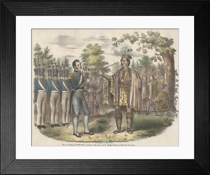 Framed Print : The meeting of Odawa war chief, Pontiac (Obwandiyag), and his embassy with Major Rogers and his troops. Rogers claimed to have met with the war chief in 1760 Framed Print : The meeting of Odawa war chief, Pontiac (Obwandiyag), and his embassy with Major Rogers and his troops. Rogers claimed to have met with the war chief in 1760
