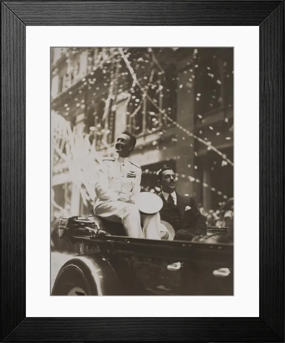 Framed Print : Arctic Aviator Richard Byrd riding in his first ticker tape parade up Broadway in New York City. He is accompanied by the Citys official greeter, Grover Whalen, June 20, 1926