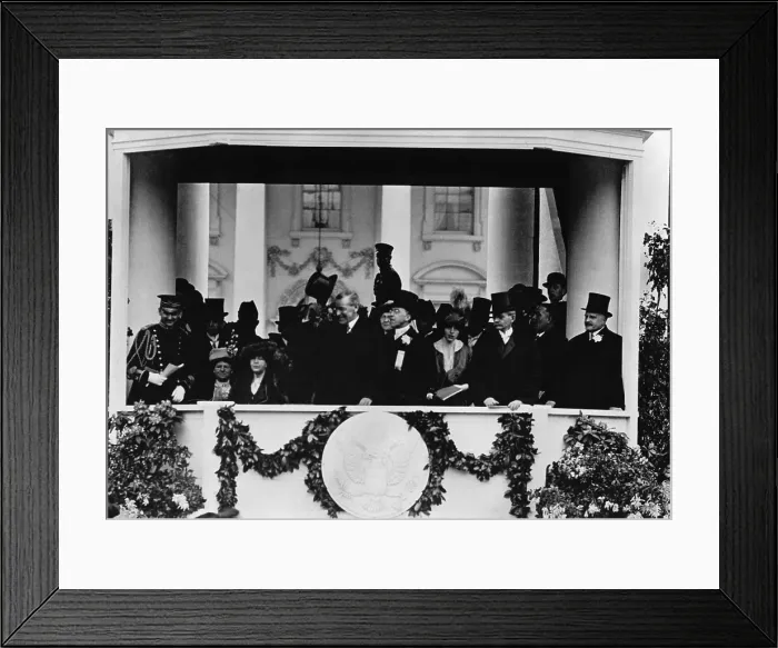 Framed Print : President Woodrow Wilson in Inaugural Parade reviewing stand at the White House, March 4, 1913. Vice President Thomas Marshall is in front row, third from right (BSLOC_2016_11_32) Framed Print : President Woodrow Wilson in Inaugural Parade reviewing stand at the White House, March 4, 1913. Vice President Thomas Marshall is in front row, third from right (BSLOC_2016_11_32)