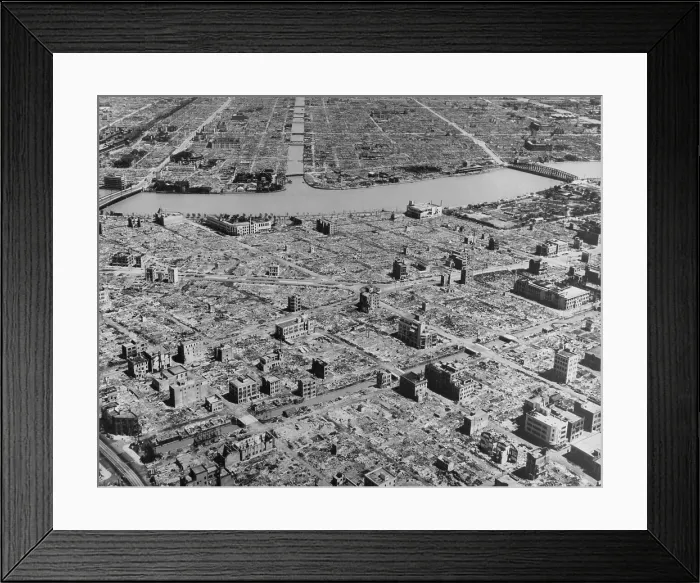 Framed Print : Tokyo, Japan, in ruins after B-29 incendiary attacks during World War 2. Starting on Feb. 25, 1945, Tokyo received several fire bomb attacks