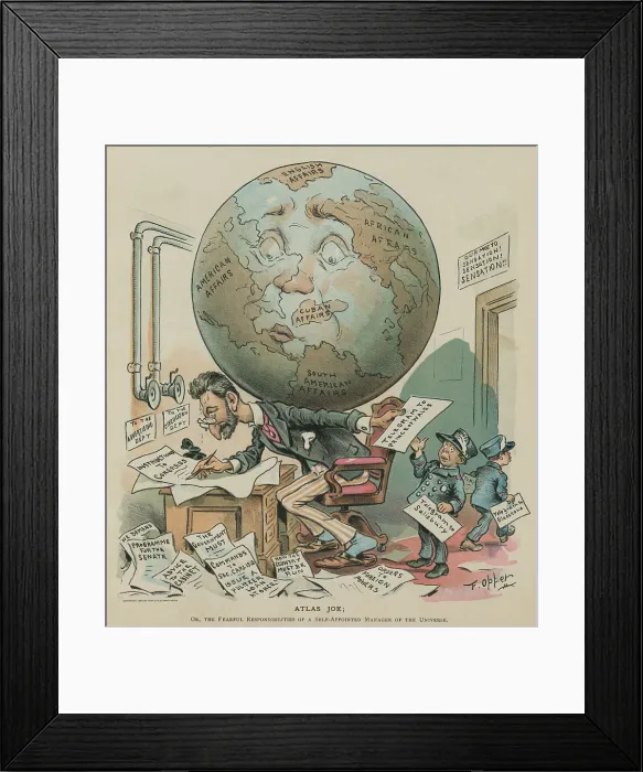 Framed Print : Atlas Joe; or, the Fearful Responsibilities of a Self-Appointed Manager of the Universe. Perspiring publisher Joseph Pulitzer hurriedly scribbling messages