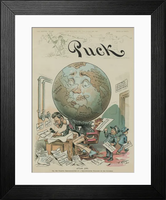 Framed Print : Atlas Joe; or, the Fearful Responsibilities of a Self-Appointed Manager of the Universe. Perspiring publisher Joseph Pulitzer hurriedly scribbling messages Framed Print : Atlas Joe; or, the Fearful Responsibilities of a Self-Appointed Manager of the Universe. Perspiring publisher Joseph Pulitzer hurriedly scribbling messages