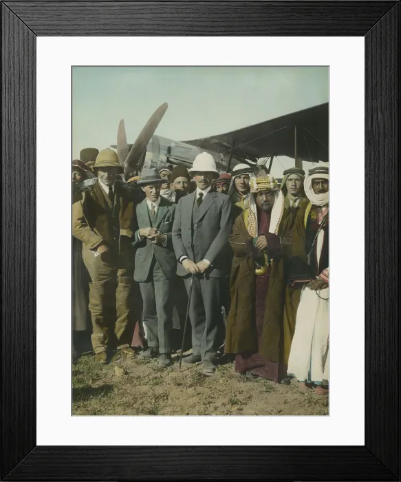 Framed Print : T.E. Lawrence, Sir Herbert Samuel, and Emir Abdullah at Aerodrome at Amman, Transjordan, April 1921. Lawrence and Samuel wear gray suits