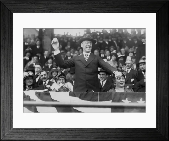 Framed Print : President Woodrow Wilson throwing out the first ball, on opening day of the 1916 baseball season