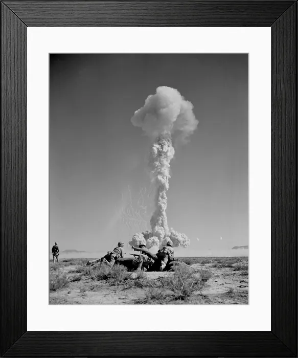 Framed Print : US Marines in battle exercises during atomic bomb testing. Over 2, 000 soldiers participated in BEE Shot on March 22, 1955 at Yucca Flat, Nevada Framed Print : US Marines in battle exercises during atomic bomb testing. Over 2, 000 soldiers participated in BEE Shot on March 22, 1955 at Yucca Flat, Nevada