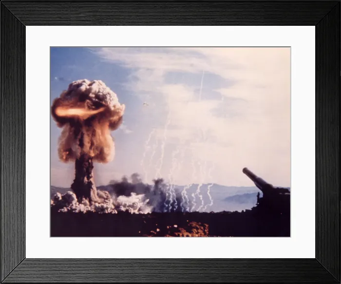 Framed Print : The GRABLE Shot used a 280mm artillery gun to fire a 15 kiloton nuclear shell. 12 officers were only 1, 830 meters, and another 590 soldiers were 3, 660 meters from ground zero