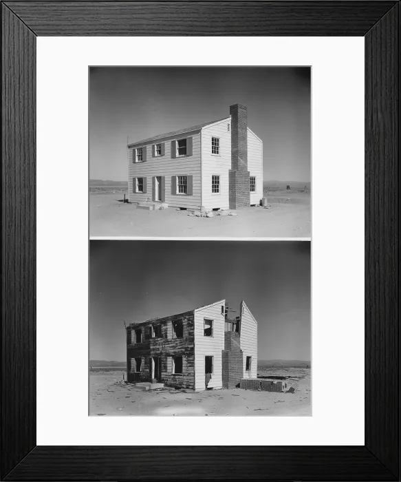 Framed Print : Nuclear Operation Cue tested buildings ability to survive atomic bombs. Before and after photos of a two-story wood frame house 5, 500 feet from ground zero Framed Print : Nuclear Operation Cue tested buildings ability to survive atomic bombs. Before and after photos of a two-story wood frame house 5, 500 feet from ground zero