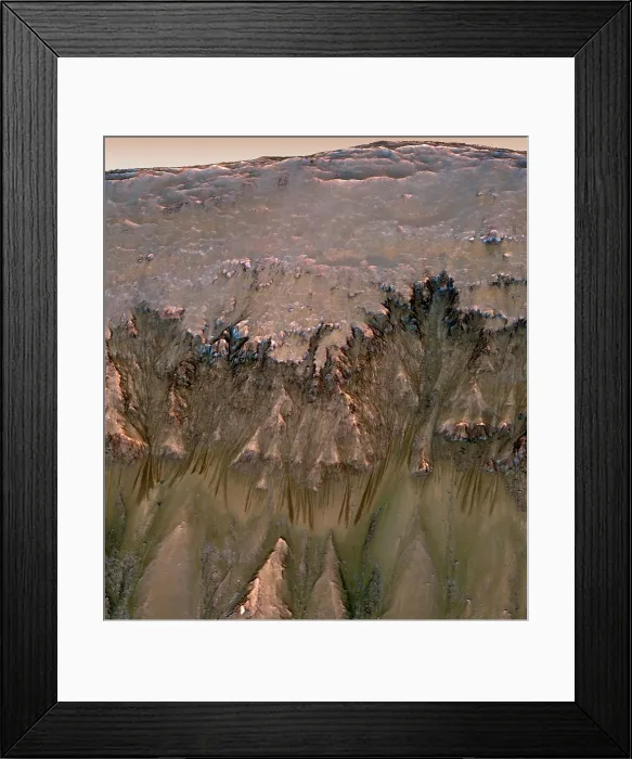 Framed Print : Mars landscape showing shows flows that appear in spring and summer on a slope inside Mars Newton Crater. These might be evidence of salty liquid water active on Mars today