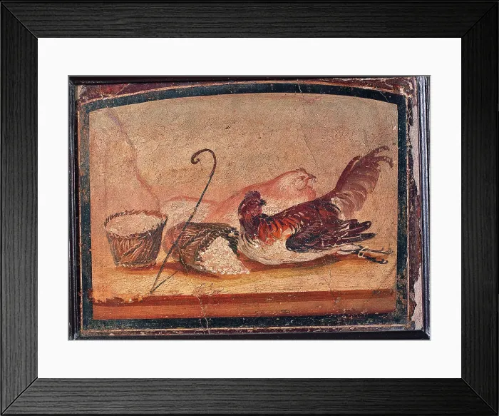 Framed Print : Chickens and Ricottas, by unknown artist, 45-79, 1st Century A.D. ripped fresco, 29 x 40 cm - Italy, Campania, Naples, National Archaeological Museum, Room LXXIV, inv. 8632