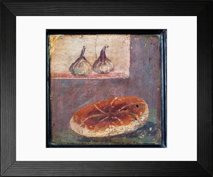 Framed Print : Still Life with Bread and Figs, by unknown artist, ripped fresco, 23 x 23 cm - Italy, Campania, Naples, National Archaeological Museum, Room LXXIV, inv. 8625. Whole artwork view Framed Print : Still Life with Bread and Figs, by unknown artist, ripped fresco, 23 x 23 cm - Italy, Campania, Naples, National Archaeological Museum, Room LXXIV, inv. 8625. Whole artwork view