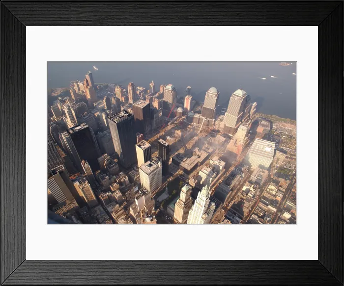 Framed Print : Aerial view of the recovery operation underway at the site of the collapsed World Trade Center. Oct. 4 2001. Photo: Everett Collection