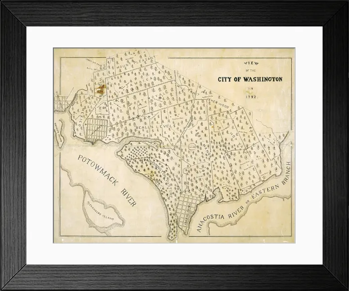 Framed Print : Washington, D.C. Map showing the original plantation land that would become the District of Columbia. 1792