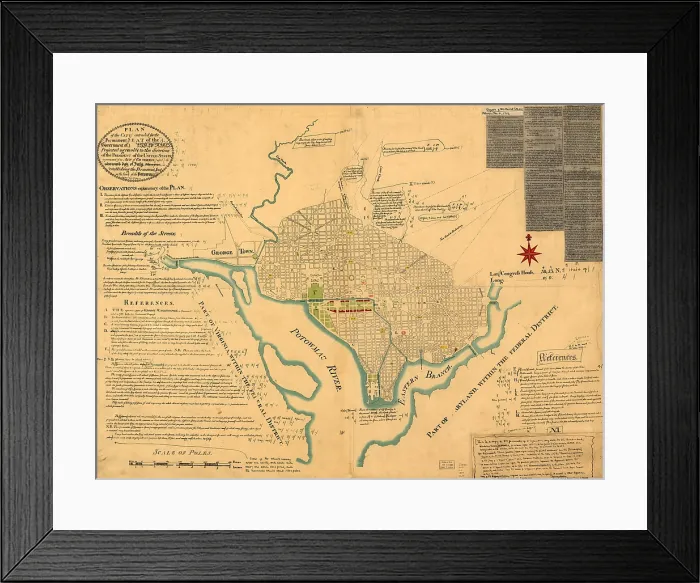 Framed Print : Washington, D.C. Map showing the original plan of what would become the District of Columbia. By Peter Charles L'Enfant. 1791 Framed Print : Washington, D.C. Map showing the original plan of what would become the District of Columbia. By Peter Charles L'Enfant. 1791