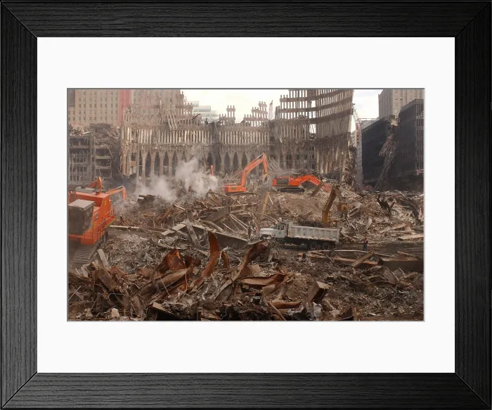 Framed Print : A month after the terrorist attacks heavy equipment continues debris removal at the World Trade Center site. View from the southern edge of Ground Zero. Oct. 13 2001 Framed Print : A month after the terrorist attacks heavy equipment continues debris removal at the World Trade Center site. View from the southern edge of Ground Zero. Oct. 13 2001