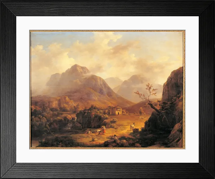 Framed Print : Bisi Fulvia, Landscape with characters in the foreground, a crag and foggy / misty mountains, 1845, 19th Century, oil on canvas, Italy, Lombardy, Milan Framed Print : Bisi Fulvia, Landscape with characters in the foreground, a crag and foggy / misty mountains, 1845, 19th Century, oil on canvas, Italy, Lombardy, Milan