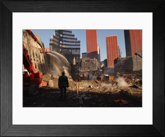 Framed Print : Workers spray the still smoldering rumble with water at the World Trade Center site six weeks after the 9-11 attacks Framed Print : Workers spray the still smoldering rumble with water at the World Trade Center site six weeks after the 9-11 attacks
