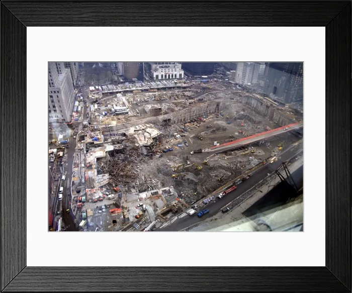 Framed Print : Excavated World Trade Center foundations six months after the terrorist attacks. March 15 2002. Photo: Everett Collection