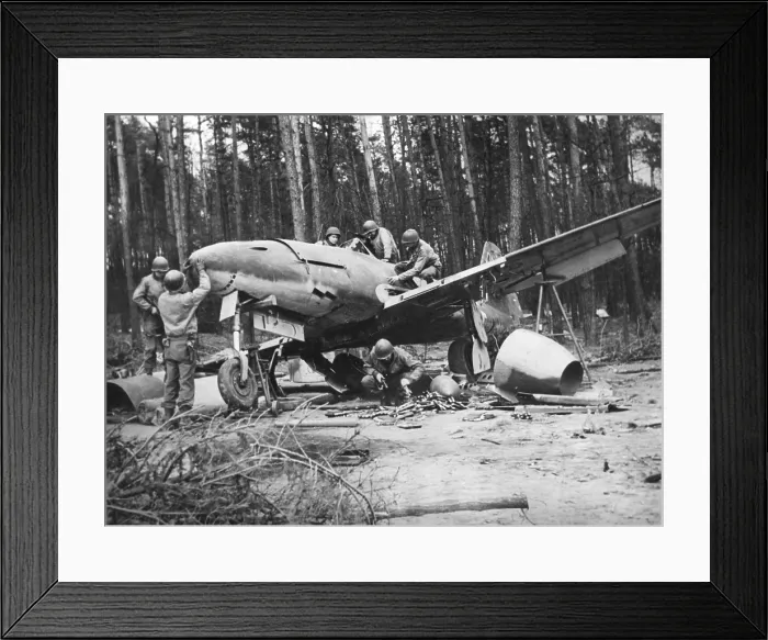 Framed Print : American soldiers, probably engineers, investigate a captured German Jet, the Messerschmitt Me 262. Ca. July-Dec 1945. (BSLOC_2014_6_44) Framed Print : American soldiers, probably engineers, investigate a captured German Jet, the Messerschmitt Me 262. Ca. July-Dec 1945. (BSLOC_2014_6_44)