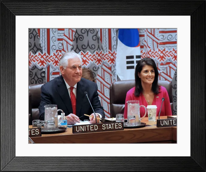 Framed Print : US Secretary Tillerson and UN Ambassador Nikki Haley meet with East Asian allies, April 28, 2017. At the United Nations, New York City (BSLOC_2017_18_131)