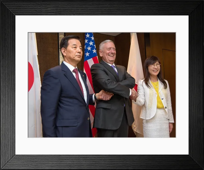 Framed Print : Sec. of Defense Jim Mattis with Defense Ministers of South Korea and Japan in Singapore. June 3, 2017. L-R. Defense Minister Han Min-goo, Sec