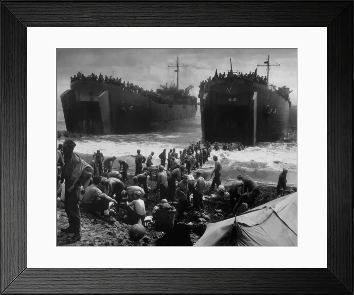 Framed Print : LST's off Leyte Island beach, shortly after the Oct. 20, 1944 U.S. invasion of the Philippines. Soldiers built sandbag ramps to speed up unloading operations Framed Print : LST's off Leyte Island beach, shortly after the Oct. 20, 1944 U.S. invasion of the Philippines. Soldiers built sandbag ramps to speed up unloading operations