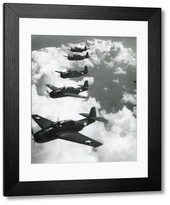 Framed Print : TBF (Torpedo Fighter Bombers) Avengers flying in formation over Norfolk, Va. Photo by Lt. Comdr. Horace Bristol, who became a noted photographer after the war. World War 2. Sept