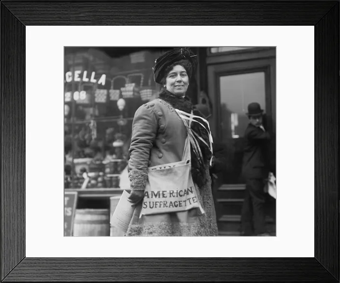 Framed Print : American Suffragette, Mrs. H. Riordan, distributing literature in New York City in 1910 (BSLOC_2018_2_62)