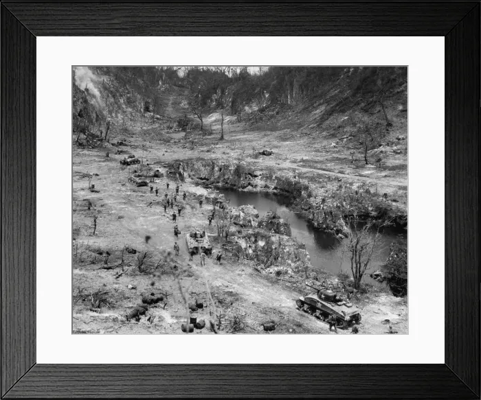 Framed Print : Marine tanks and infantry assault Japanese positions in a Peleliu Island ridge, Oct. 7, 1844. World War 2, Pacific Ocean. (BSLOC_2013_13_29) Framed Print : Marine tanks and infantry assault Japanese positions in a Peleliu Island ridge, Oct. 7, 1844. World War 2, Pacific Ocean. (BSLOC_2013_13_29)