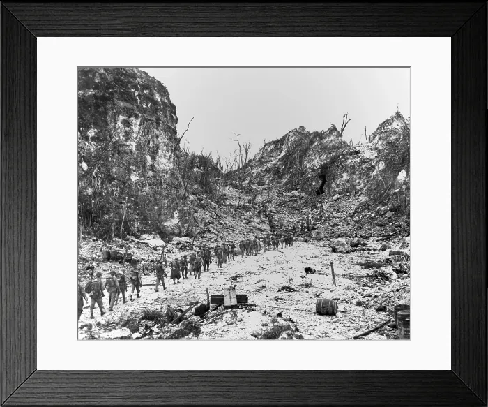 Framed Print : Column of Marines moves to the front lines through the rocky terrain of Peleliu Island. Ca. Sept.-Nov. 1944. World War 2, Pacific Ocean. (BSLOC_2013_13_27)