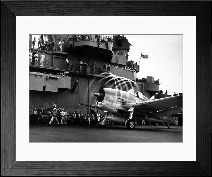 Framed Print : Motion of its propellers causes an aura to form around this F6F Hellcat fighter on USS YORKTOWN. Nov. 1943. World War 2, Pacific Ocean. (BSLOC_2013_13_3)