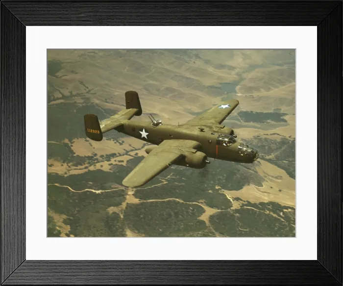 Framed Print : North American Aviation's B-25 Mitchell bomber in flight during World War 2. The medium bomber was named after U.S. military aviation pioneer, Billy Mitchell. Oct. 1942
