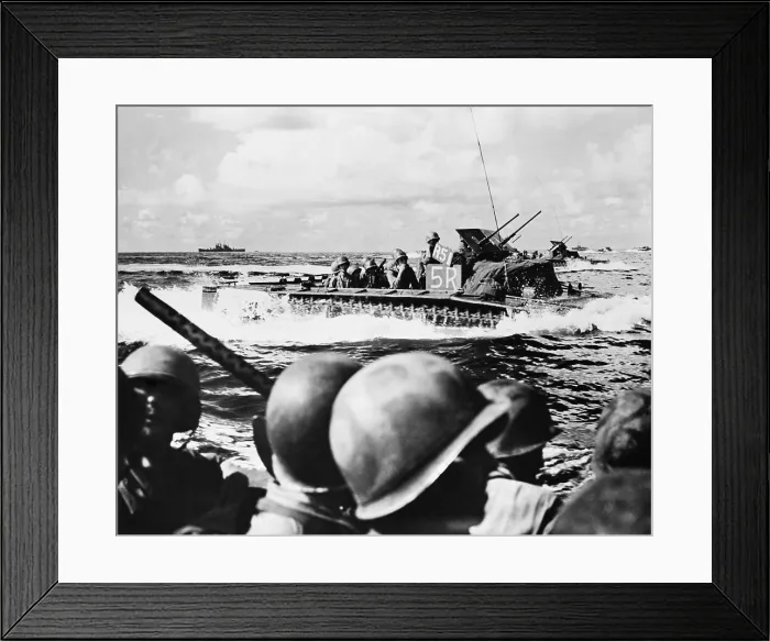 Framed Print : U.S. landing craft approach the beach of Angaur Island, Sept. 16, 1944. Six miles from Peleliu, it took 10, 000 U.S soldiers 36 days to defeat 1, 400 Japanese