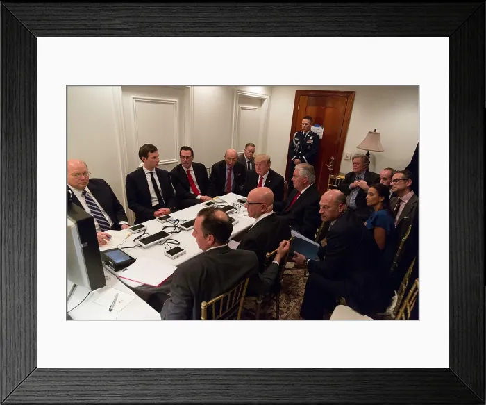 Framed Print : President Donald Trump and the National Security Council are briefed on a military strike on Syria