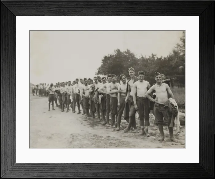 Framed Print : US soldiers of the 26th Division, Battery F. of the 102d Field Artillery without their shirts. Saacy, France, Aug. 10, 1918