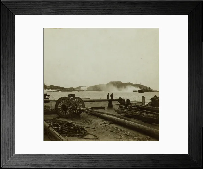 Framed Print : Smoke rises from Russian war ships and Port Arthur town during shelling by Japanese in Dec. 1904