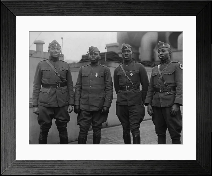 Framed Print : African American officers of 366th Infantry returning from WW1 on the Aquitania, c. 1919. L-R: Lt. C.L. Abbot, SD; Capt. Joseph L. Lowe, Pacific Grove, CA; Lt. A.R