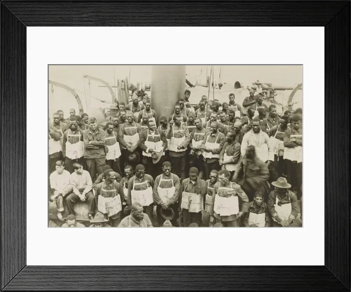 Framed Print : African American soldiers aboard the Army transport USS Momus, enroute to Europe in WW1. Their ship is in the danger zone, where German submarines patrol