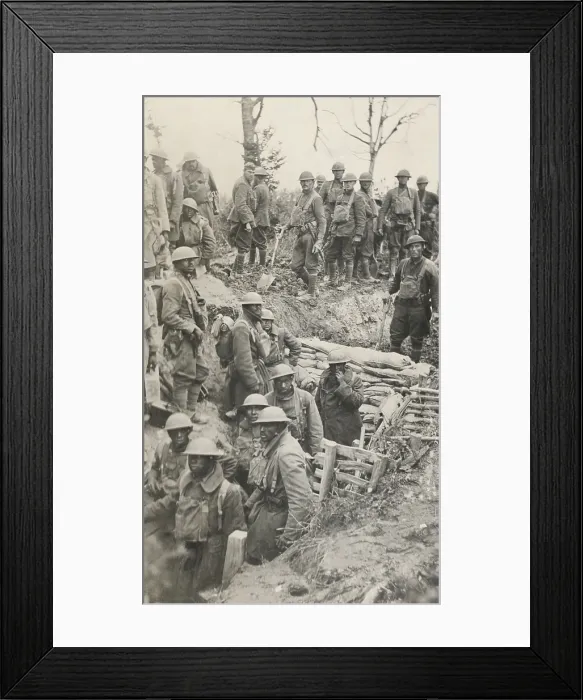 Framed Print : 302nd Engineer Regiment (with shovels) repairing a roadway over a trench in 1918