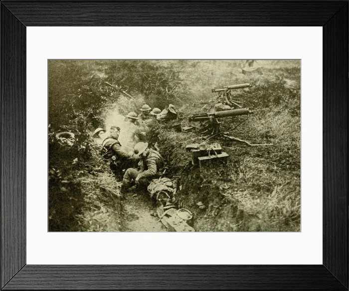 Framed Print : American machine gun troops operating from German Second Line in great Battle of Cantigny