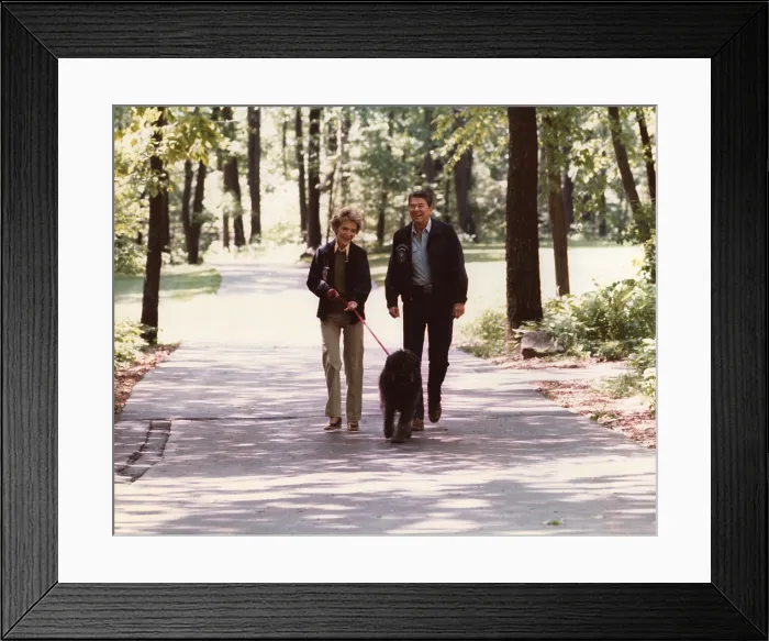 Framed Print : President Ronald and Nancy Reagan walking Lucky, a Bouvier des Flandres dog, at the presidential retreat, Camp David, May 18, 1985 Framed Print : President Ronald and Nancy Reagan walking Lucky, a Bouvier des Flandres dog, at the presidential retreat, Camp David, May 18, 1985