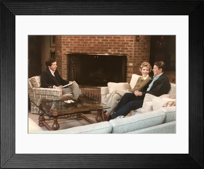 Framed Print : ABC Television Correspondent Charles Gibson with President Ronald and Nancy Reagan at Camp David, May 18, 1985 (BSLOC_2021_3_26)