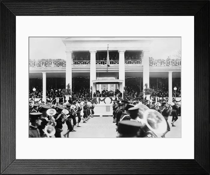 Framed Print : President Woodrow Wilson and Vice President Marshall watch Inaugural Parade, March 4, 1913. A military band marches past the White House reviewing stand (BSLOC_2016_11_33)