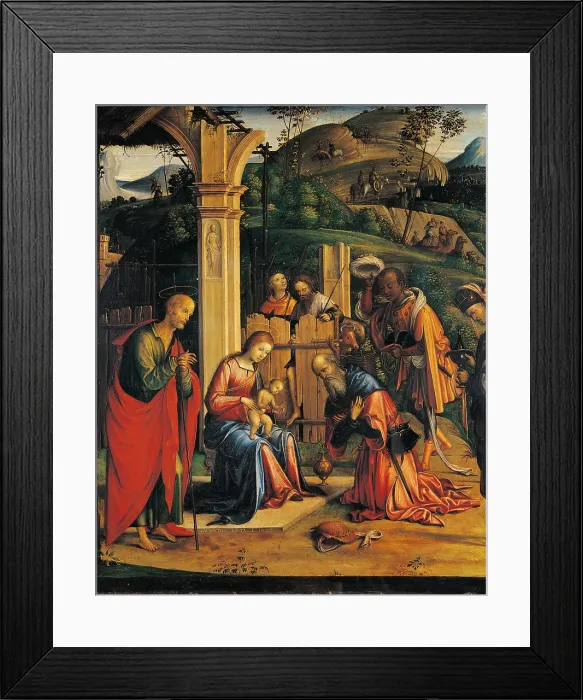 Framed Print : Adoration of the Magi, by Lorenzo il Vecchio Costa, 1499, 15th Century, oil on panel, cm 75 x 181, 3 - Italy, Lombardy, Milan, Brera art gallery. Detail