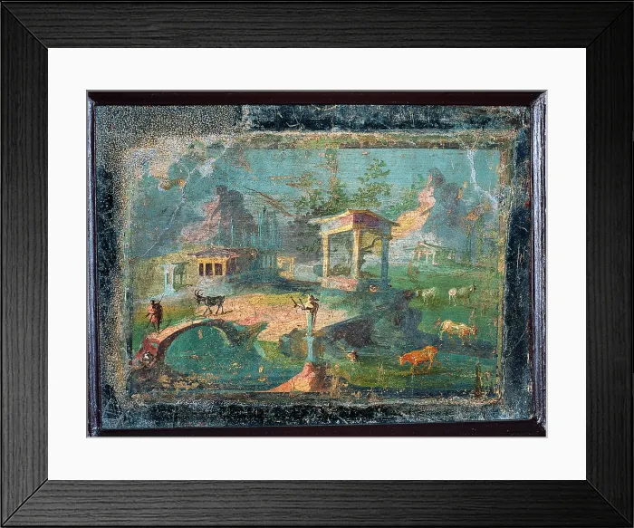Framed Print : Landscape with Herding Animals, by unknown artist, 50-79, 1st Century A.D. ripped fresco, 28 x 38 cm - Italy, Campania, Naples, National Archaeological Museum, Room LXXIV, inv