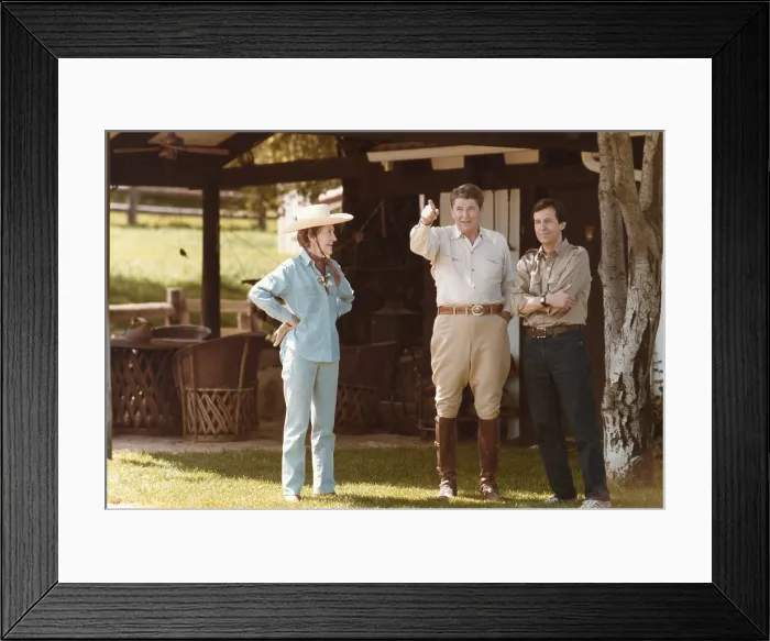Framed Print : ABC Television Correspondent Charles Gibson with President Ronald and Nancy Reagan at their California ranch, April 8, 1985 (BSLOC_2021_3_24)